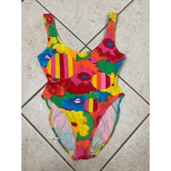 Keiko VTG Pink One Piece Swimsuit Skirt Set Abstract Colorful Vibrant Sz L - Picture 2 of 16